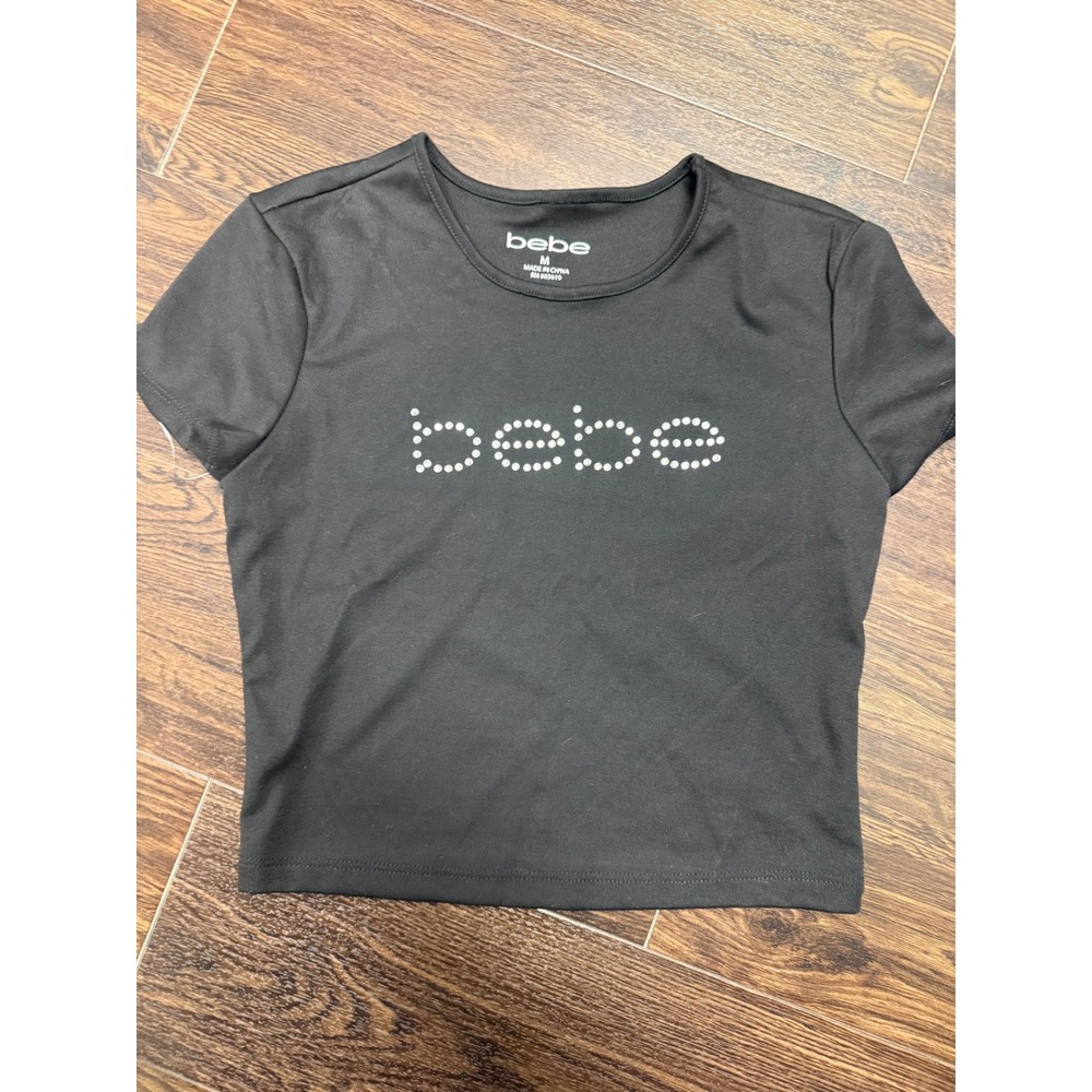 Bebe Rhinestone Logo Crop Top (Size M)